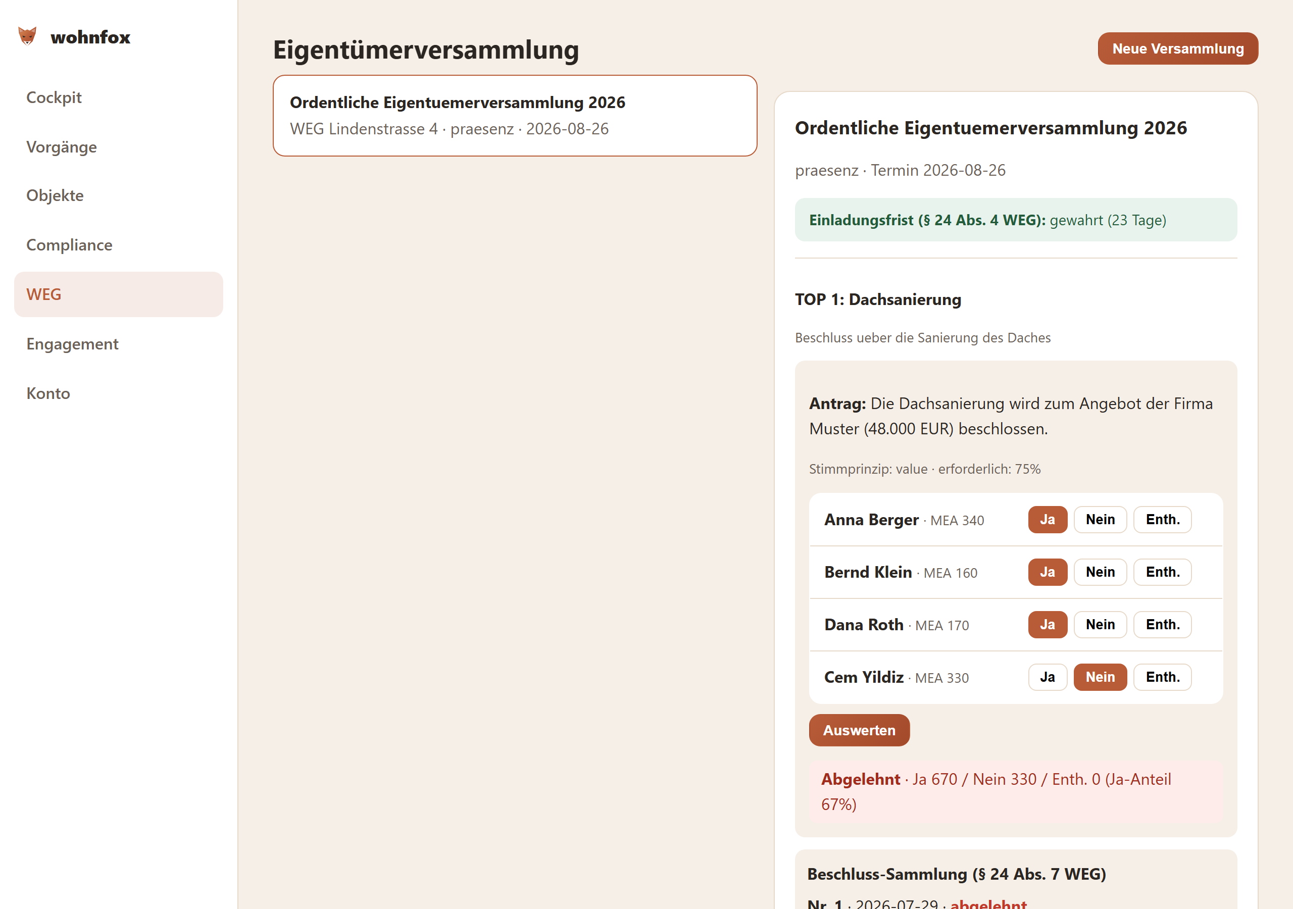 WEG-Abstimmung mit Beschluss-Sammlung
